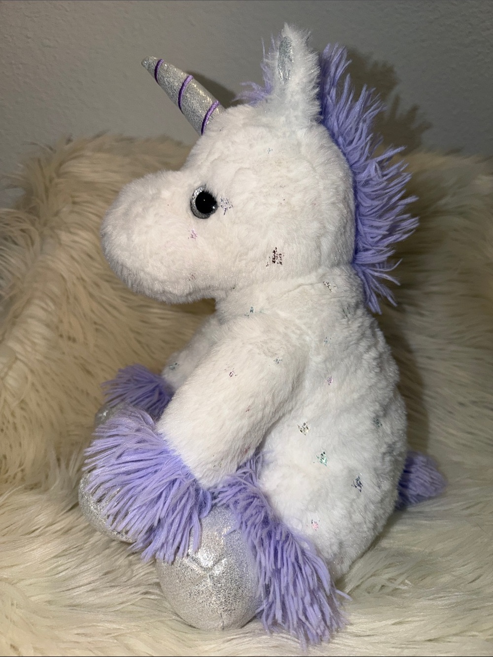 Kellytoy 13” Plush Stuffed White Sparkle Unicorn Purple Mane & Tail PLUSHIE
